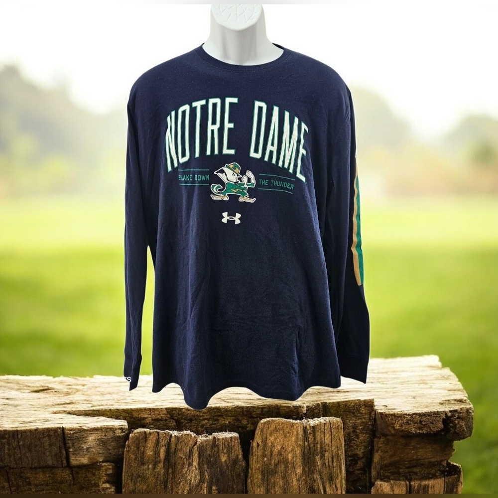 Notre Dame Under Armour Mens XL Navy Long Sleeve Tee "Shake Down The Thunder"